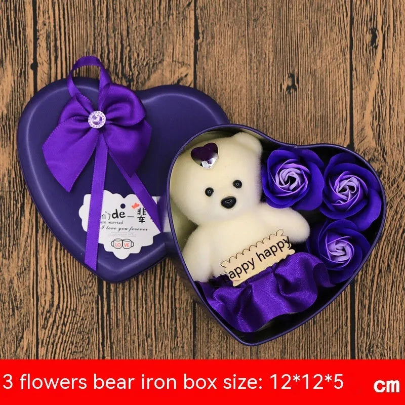 Soap flower gift box heart shaped tin box with bear figure red pink blue purple gradient handmade