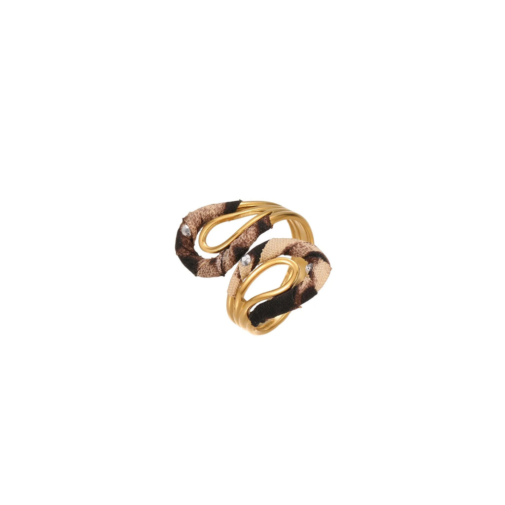 Stainless steel open mouth ring with leopard print and geometric designs including heart and star shapes