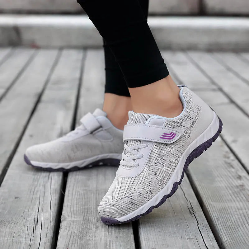 Women's wedge heel shoes with mesh uppers and velcro fastening in grey purple colour