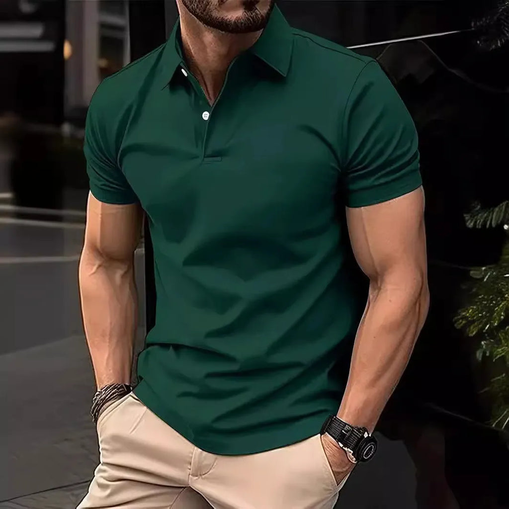 Men's slim fit solid colour short sleeve button-up shirt on a hanger