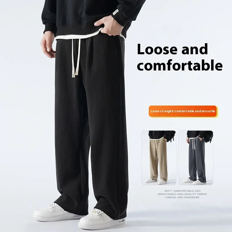 Men's fleece-lined winter sports trousers in Korean loose style with drawstring waist