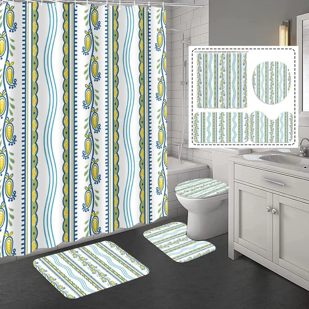 Bomi printed polyester shower curtain and anti-slip floor mat set in modern simplicity style, multiple size options