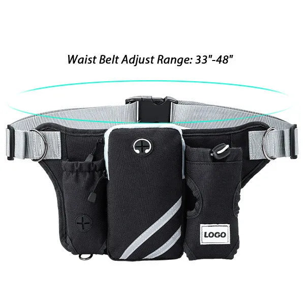 Black nylon pet training waist bag set with matching leash and collar for outdoor dog walking