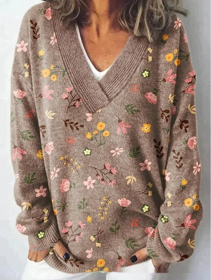 Women's floral pattern printed V-neck sweatshirt with 3D effect and long sleeves
