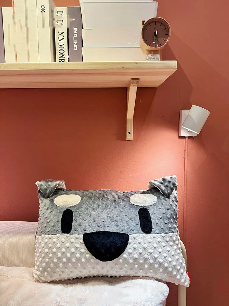 Grey schnauzer design decorative pillow on a sofa, showing 50x35x18cm size and soft fabric texture.