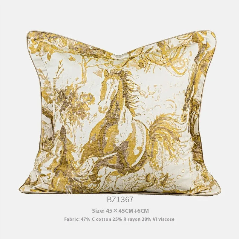 Modern abstract golden horse jacquard cushion in square and waist pillow sizes with colour options