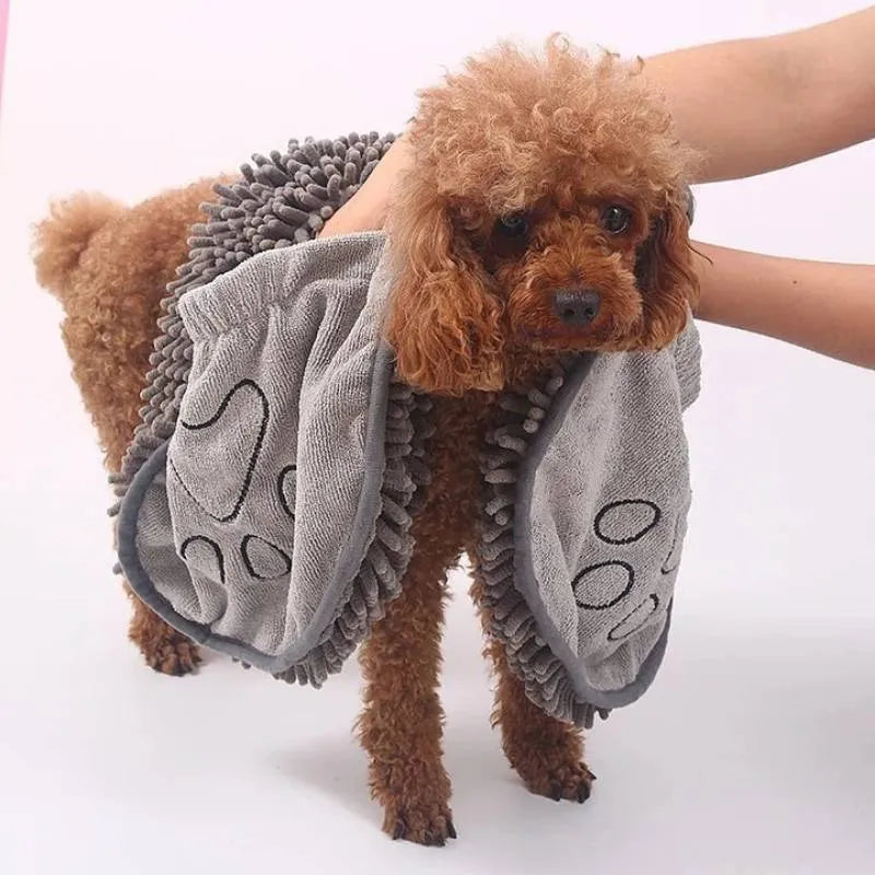 Quick dry dog bath robe towel measuring 62cm by 23cm in blue, grey, purple or red colours