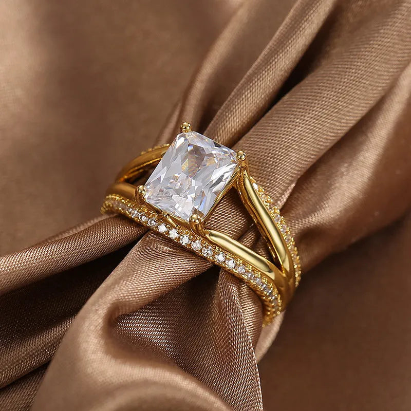 Gold geometric women's ring with square zircon stone on copper base