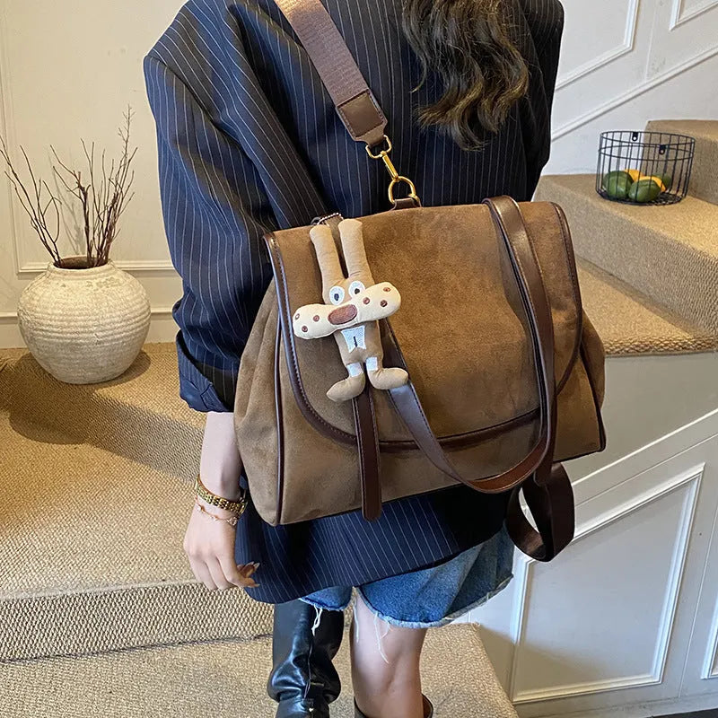 Women's large capacity retro suede briefcase in brown with pendant, PU leather, medium-soft finish