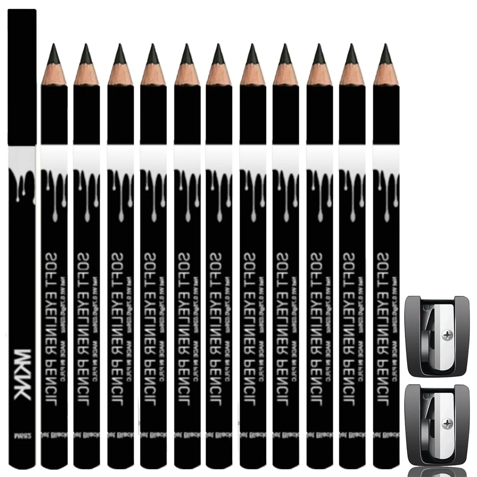 12 white and black retractable eyeliner pencils with a sharpener for waterproof makeup application.