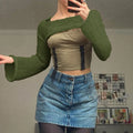 Acrylic bell sleeve hollow out loose round neck pullover sweater in white and army green for women