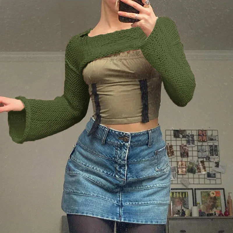 Acrylic bell sleeve hollow out loose round neck pullover sweater in white and army green for women