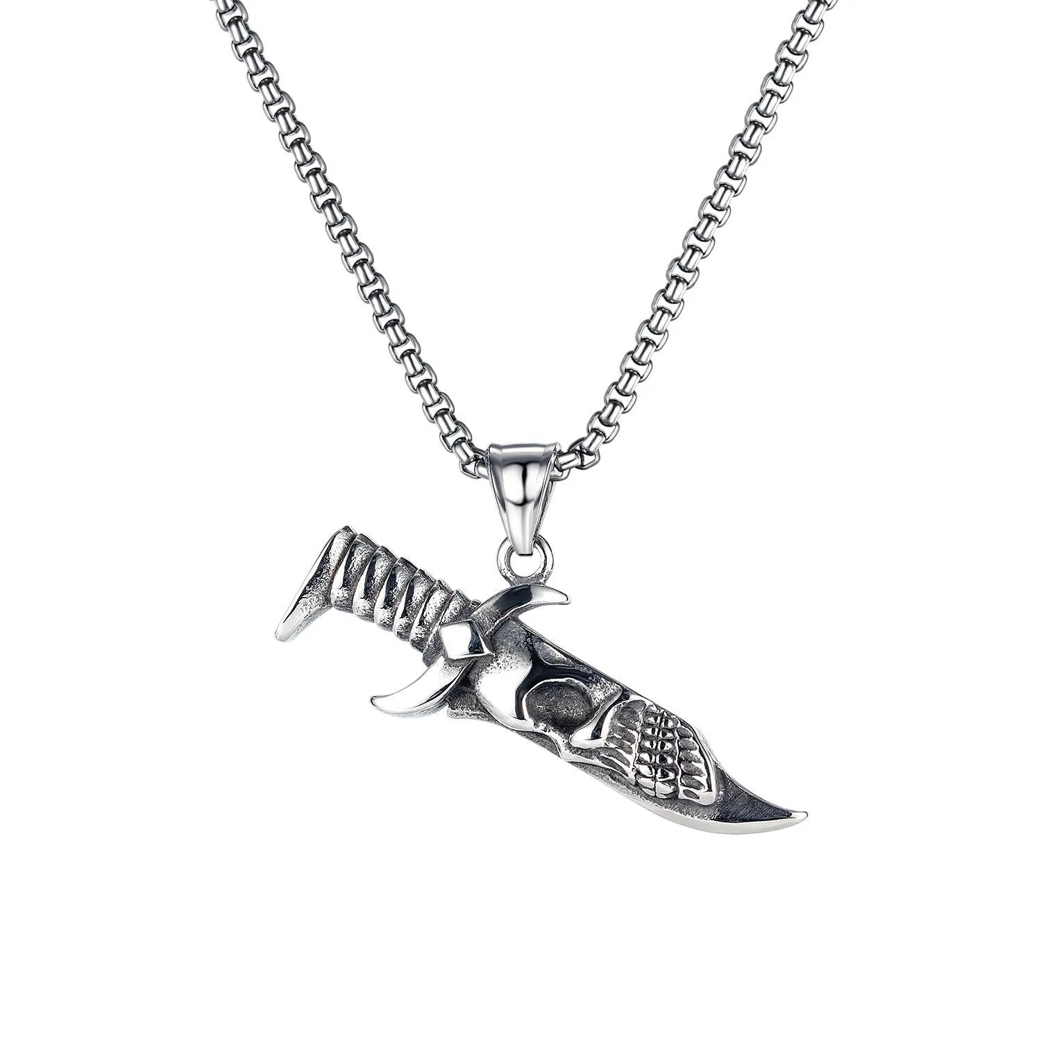 Men's stainless steel skull necklace with electroplated silver finish showing six pendant colour options
