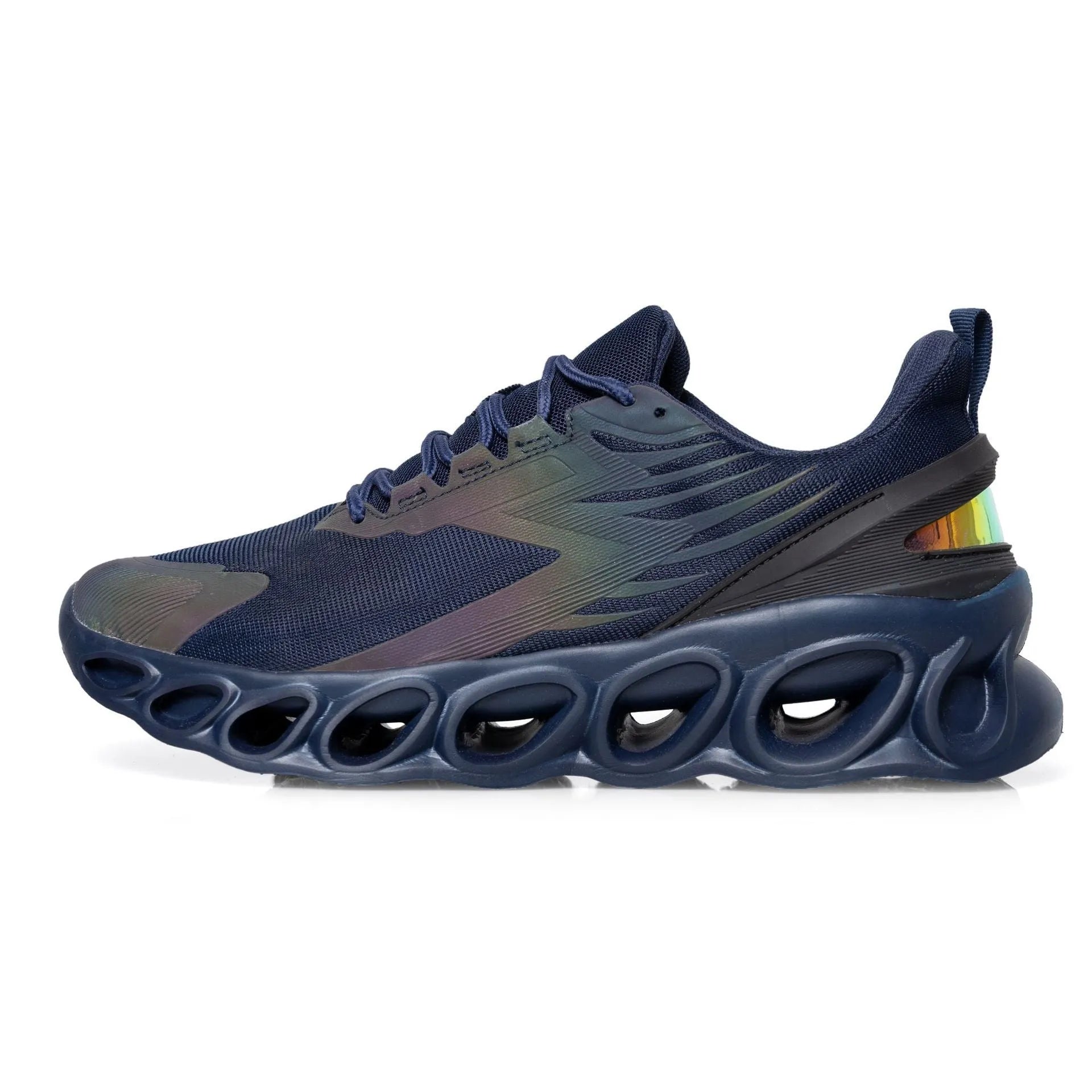 Men's black mesh casual sports shoes with white EVA sole and lace-up front on a white background.