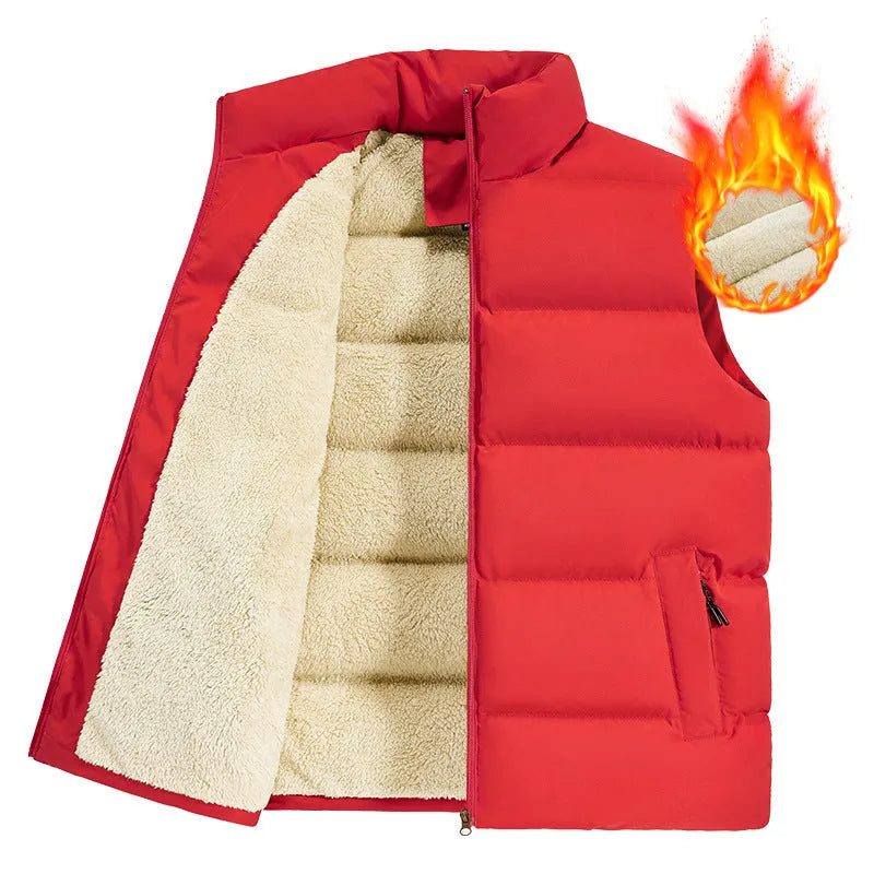 Men's striped lambswool vest in black, dark blue, or red, shown as a fleece-lined waistcoat for autumn and winter wear.