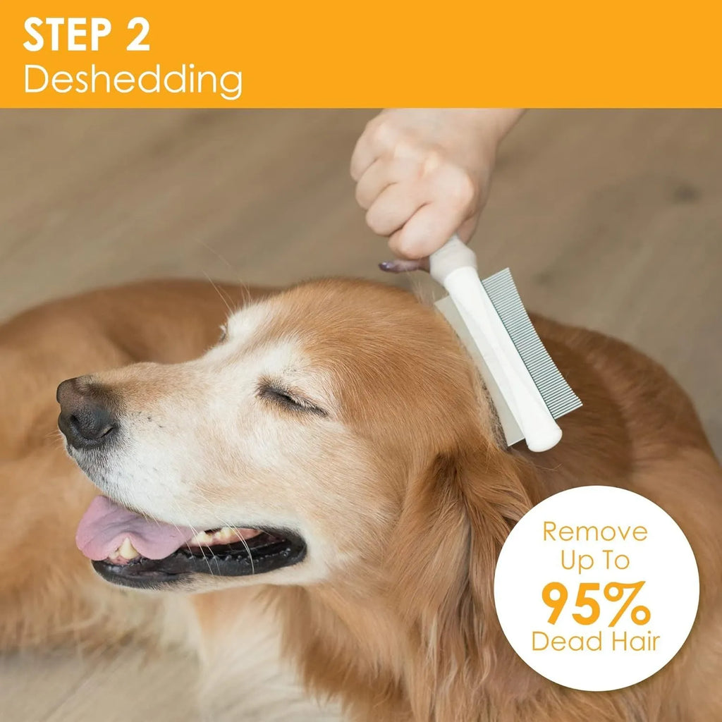 White double-sided pet grooming brush with deshedding and comb functions, curved design, ergonomic handle