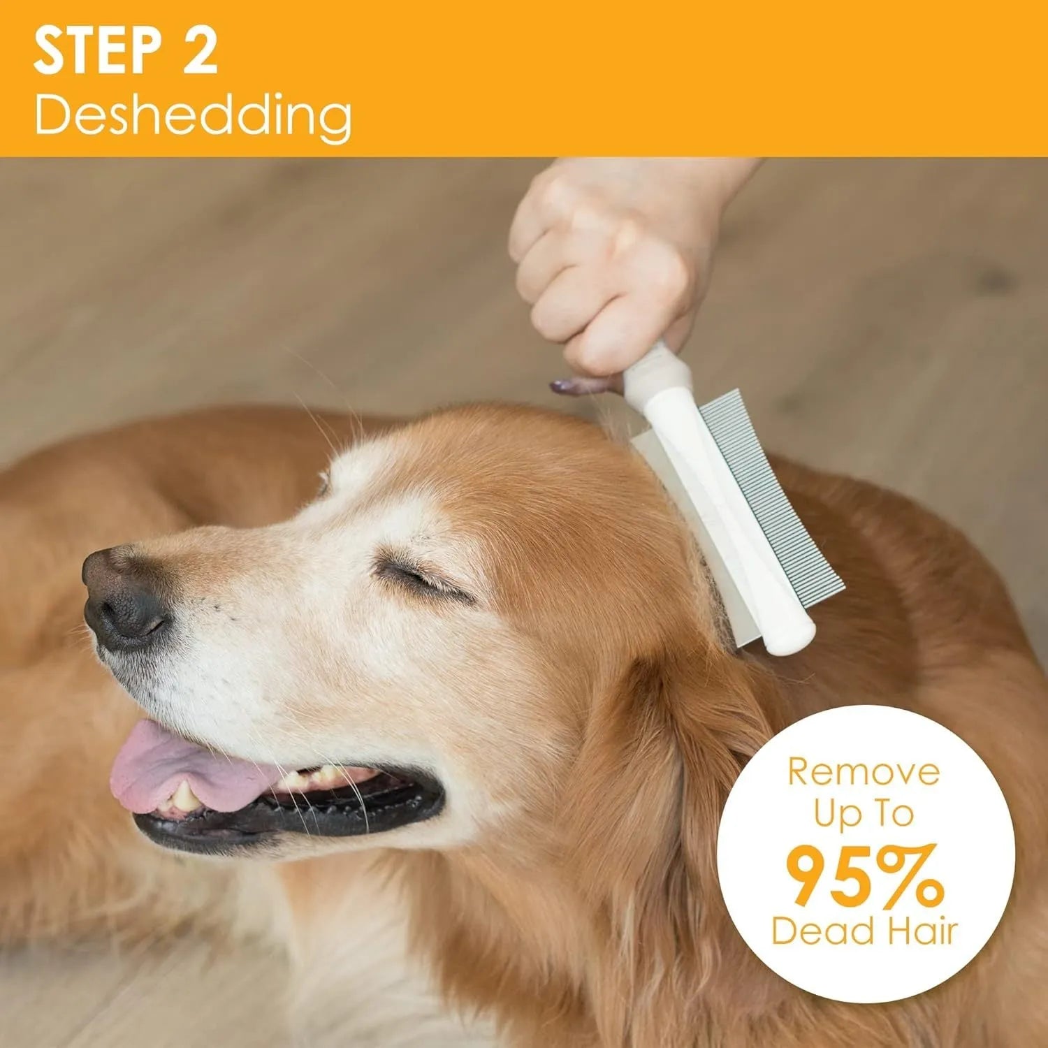 White double-sided pet grooming brush with deshedding and comb functions, curved design, ergonomic handle