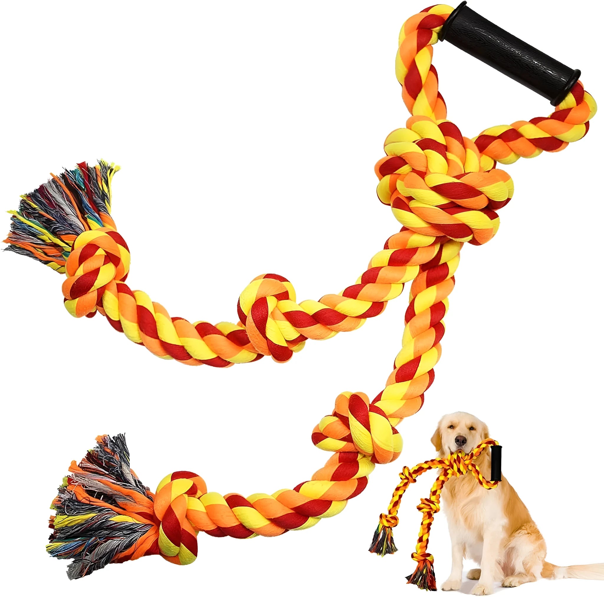 Blue and yellow cotton rope dog toy with ergonomic handle for large breed aggressive chewers
