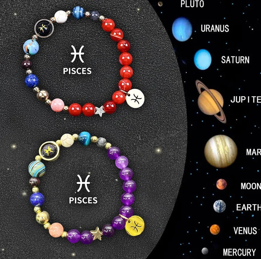 Set of two natural stone beaded bracelets on a wrist, each with different beads representing zodiac signs.