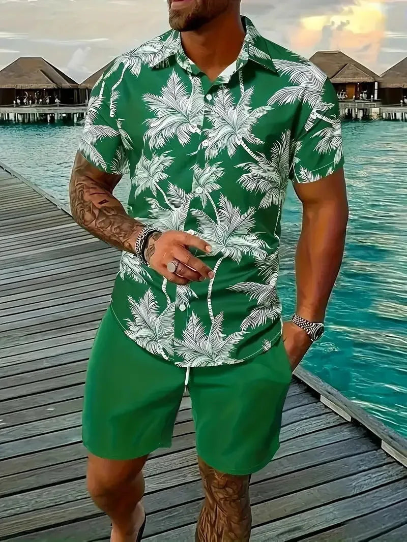 Men's 3D printed Hawaiian shirt and shorts co-ord set in a casual style.