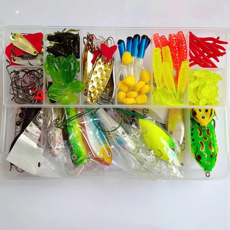Fishing lure kit with 142 pieces showing hard minnow baits with sequins, soft plastic lures, and fishing pliers