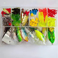 Fishing lure kit with 142 pieces showing hard minnow baits with sequins, soft plastic lures, and fishing pliers