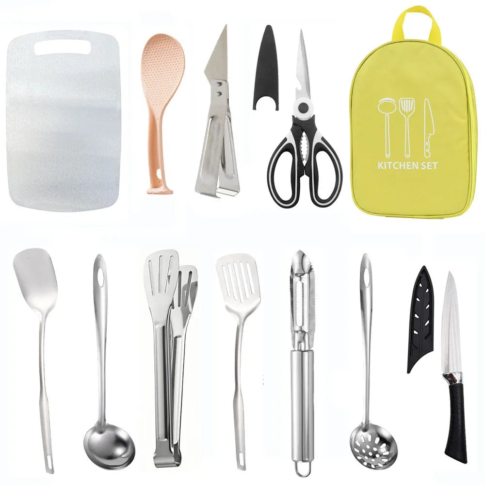 12-piece stainless steel picnic utensil set inside a khaki portable storage bag for outdoor dining.