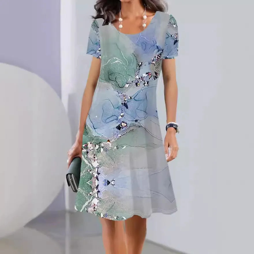 Women's Ice Silk polyester A-line midi dress with botanical print, short sleeves and round neck