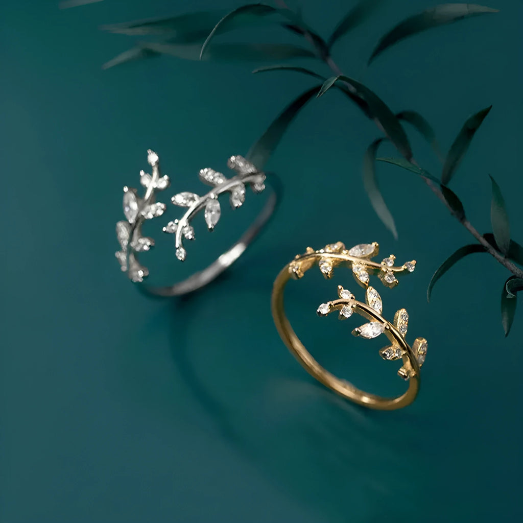 Geometric branch leaf ring for women in electroplated gold or silver copper jewellery