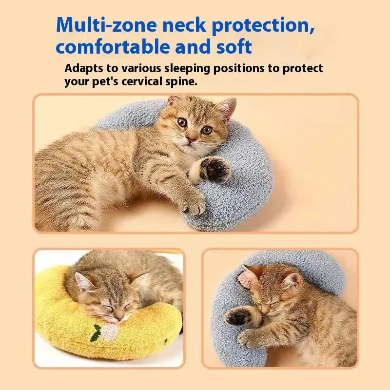 Blue, white and yellow U-shaped cat pillow in Moon and question mark styles for pet beds.