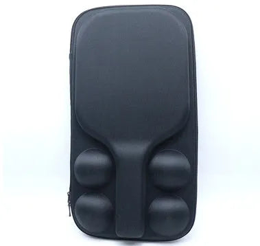 Black EVA pickleball racket storage case with dual shoulder straps showing racket and ball compartments
