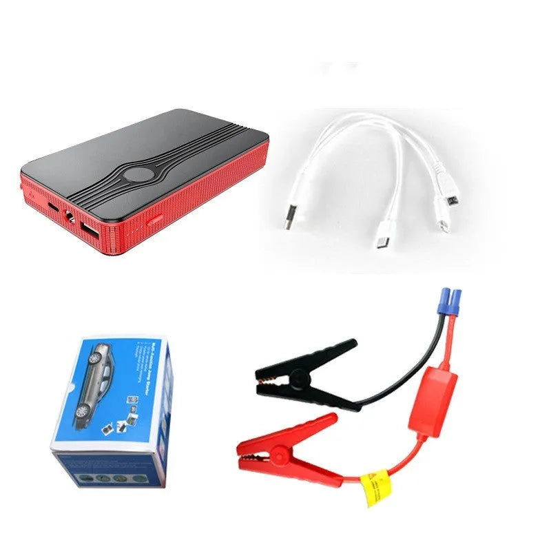 Red K4-E automobile emergency starting power supply unit with USB port and clamps for vehicle jump-starting