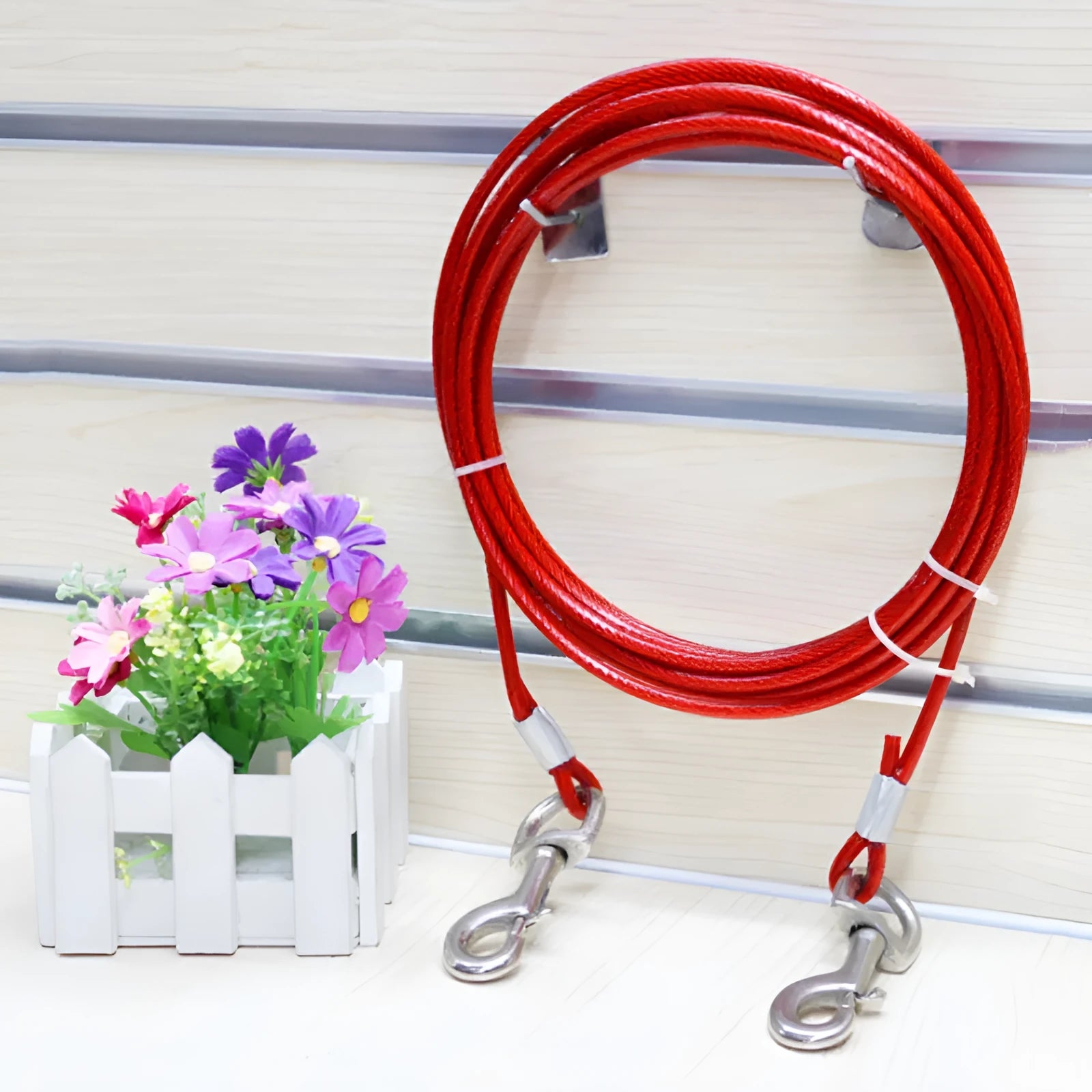 Double headed steel wire dog leash in blue with rope handle for walking two dogs