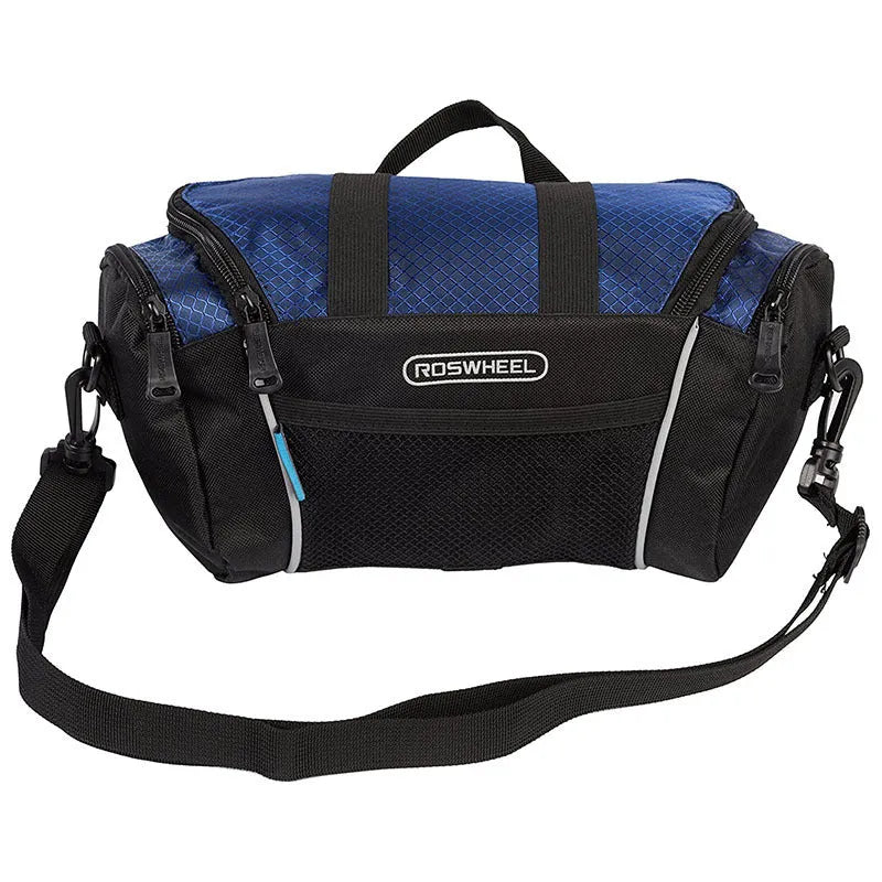 Canvas bicycle handlebar bag in navy blue with 32x11x17cm dimensions for mountain bike use