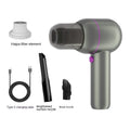 Grey handheld portable car vacuum cleaner with brush nozzle and extended nozzle for dust removal and inflation.