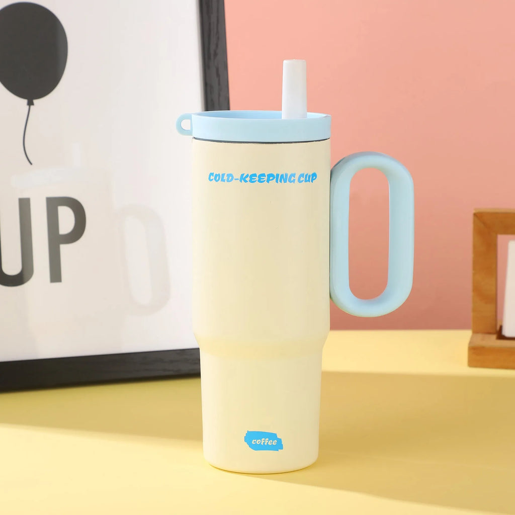 Large insulated straw drinking cup with a carrying handle in various colours.