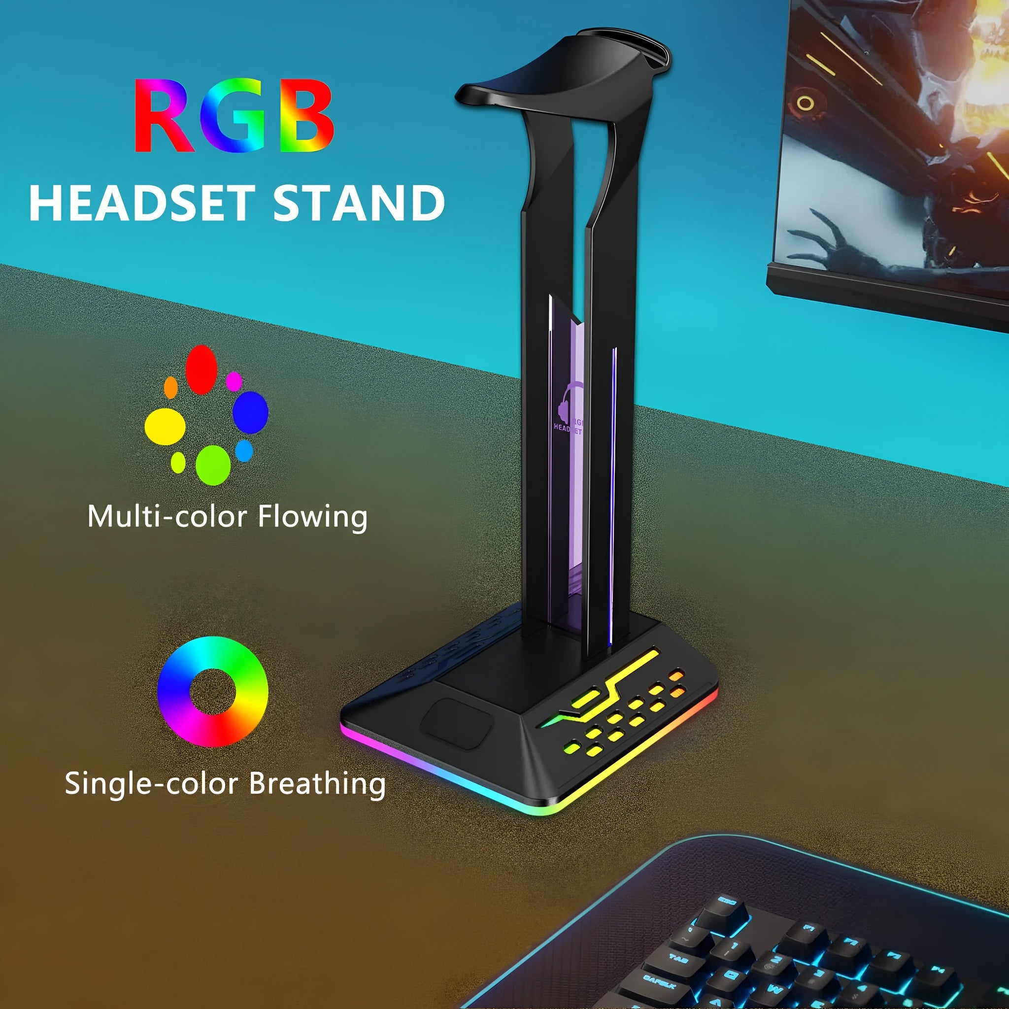 RGB colour-changing headphone display bracket with integrated dual USB ports on a desk.