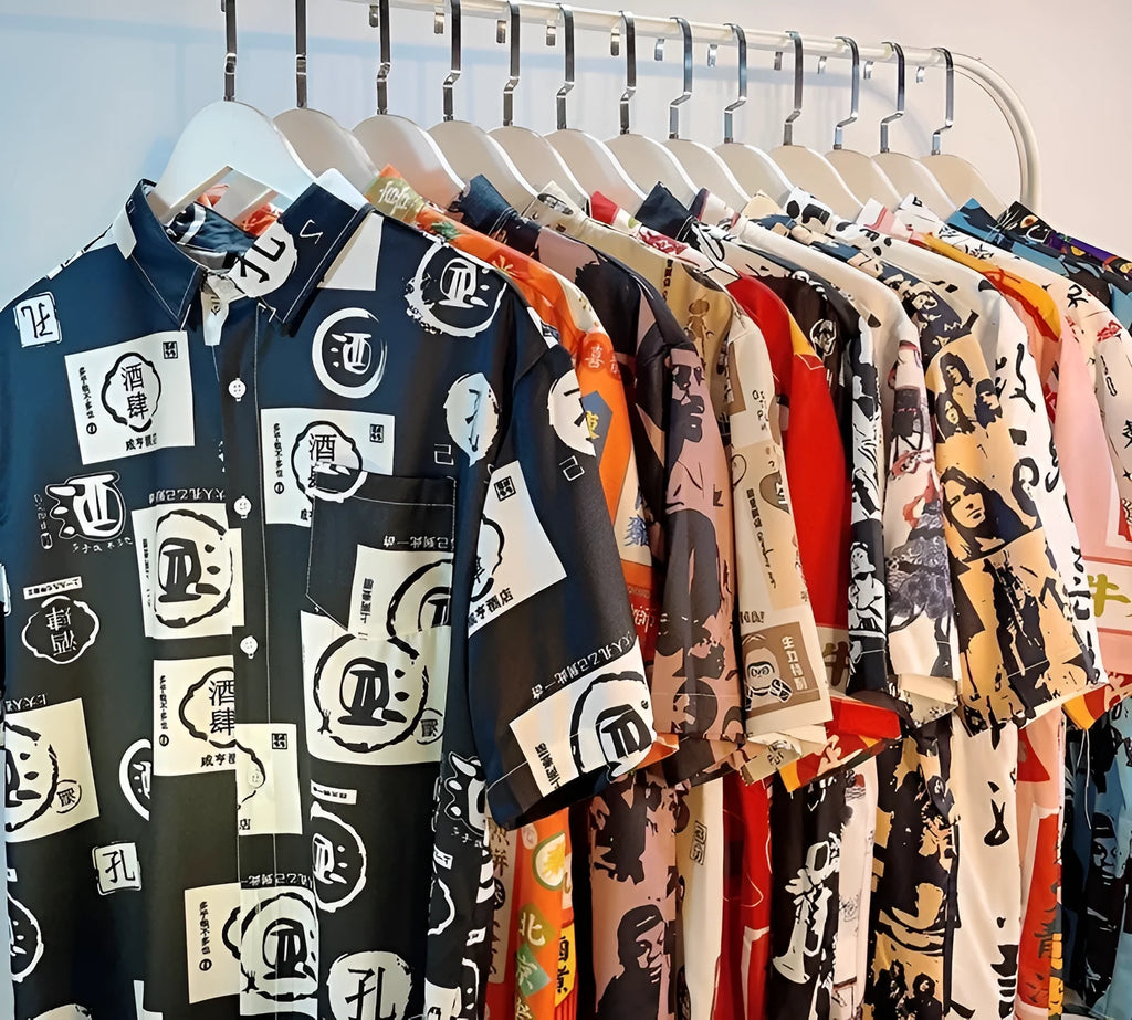 Loose fit short sleeve shirt with all-over floral print, cardigan style, in a polyester fabric.