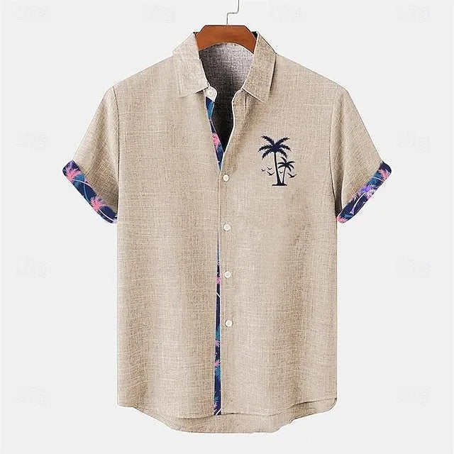 Linen short sleeve shirt with ocean fish pattern lapel design in loose casual cut