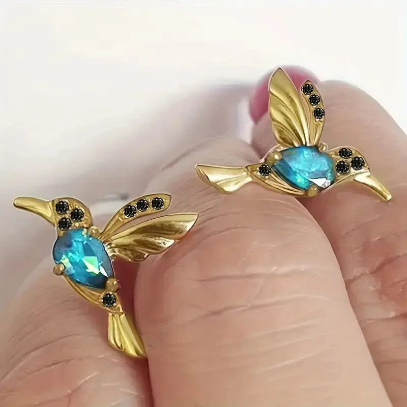 Women's hanging bird earrings with zirconium wing elements in blue, red, or red lvzuan colours