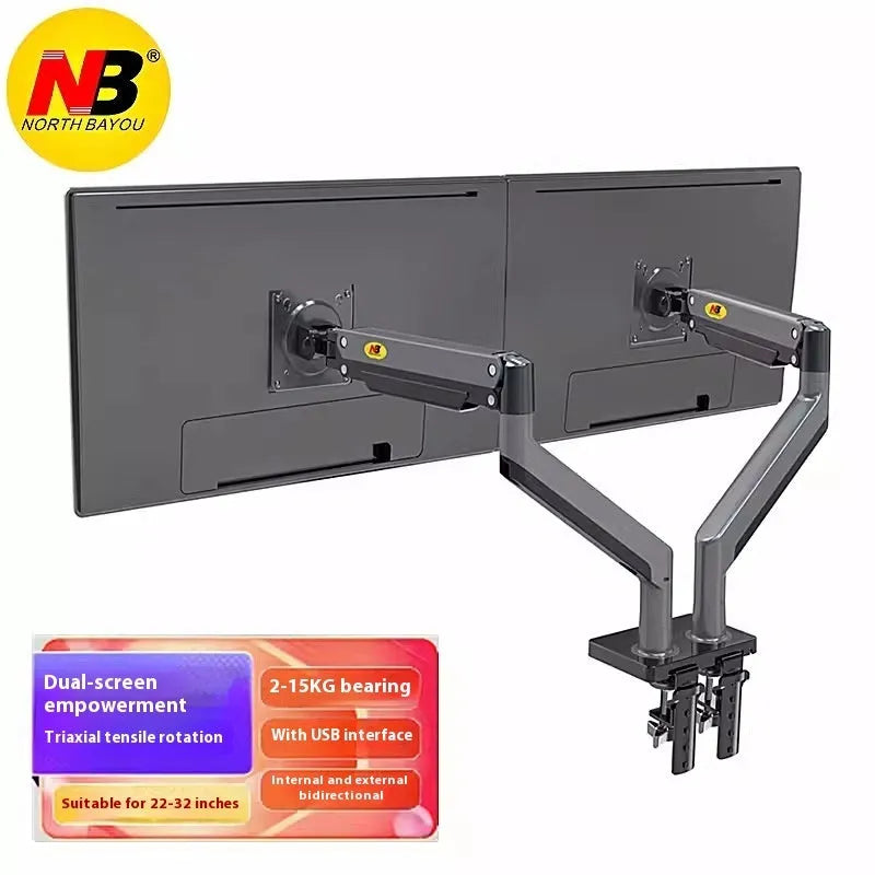 Aluminium alloy dual monitor desktop bracket in gun black colour, showing two adjustable arms for screens.
