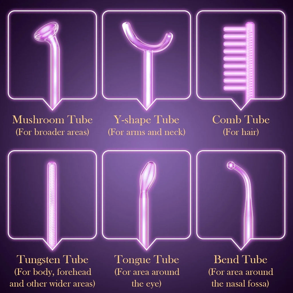 Purple high-frequency beauty electrotherapy rod with six accessory heads for professional skin treatments