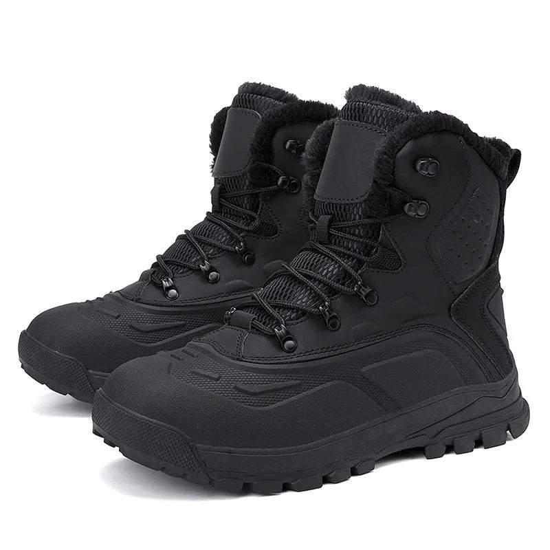 Men's black high-top fleece-lined boots with lace-up front and ribbed TPR sole.