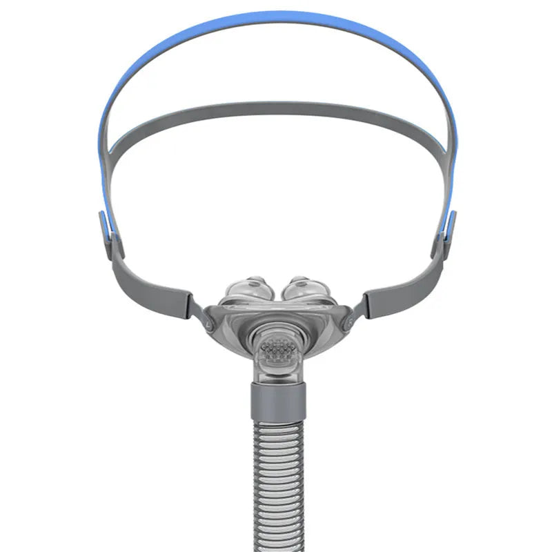 Ventilator nasal pillow mask kit showing nose pad, silicone cushion and headband components