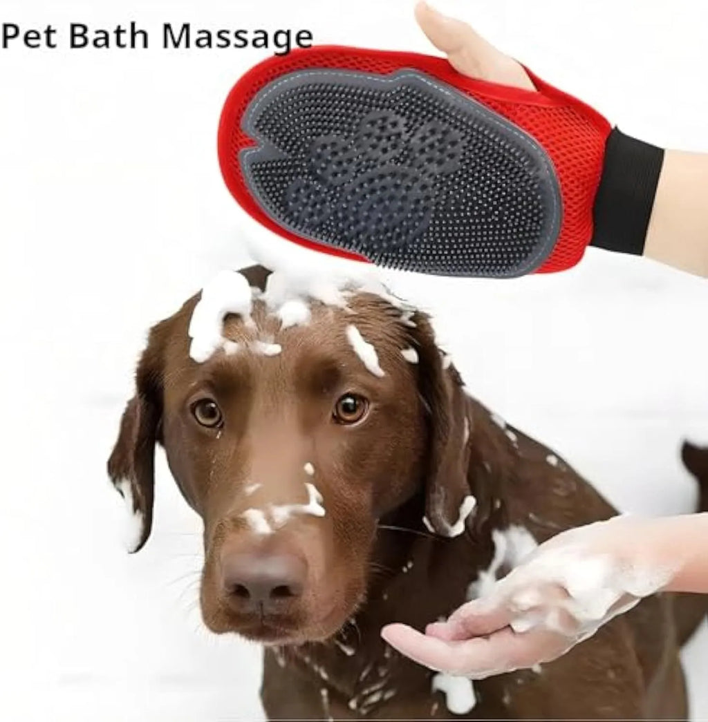 Red pet bathing glove with integrated brush bristles for grooming and massage