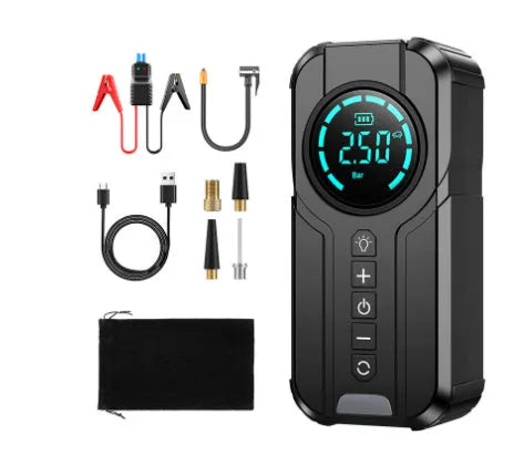 Black portable wireless air pump with digital display, 13cm hose, and accessories including nozzles and power cable on a grey background.