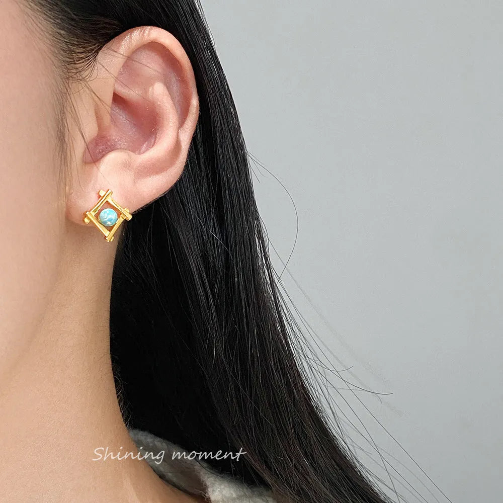 Geometric cross quadrangle stud earrings in S925 sterling silver with gold or silver plating