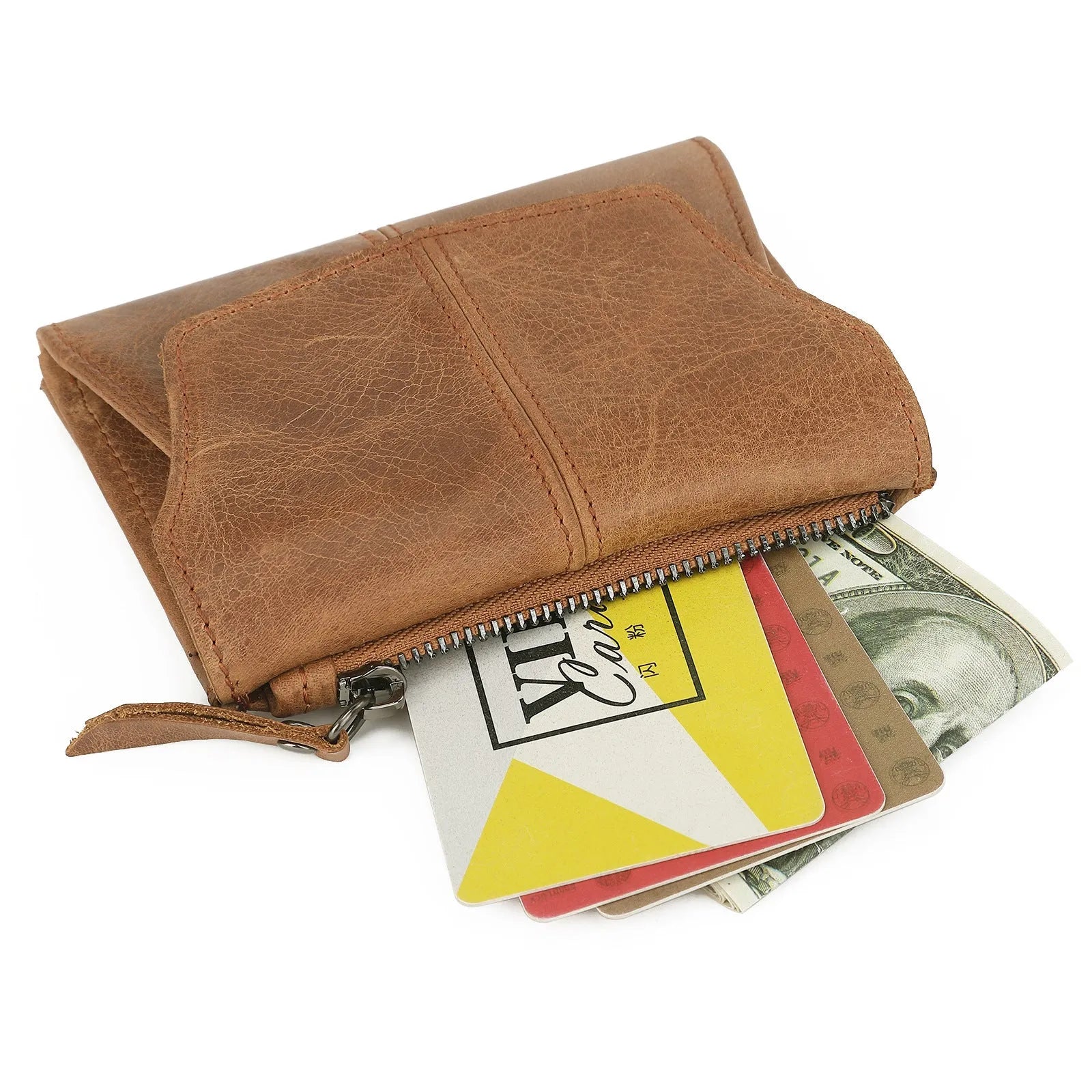 Genuine cowhide leather coin purse with lock closure and RFID anti-theft protection in retro design