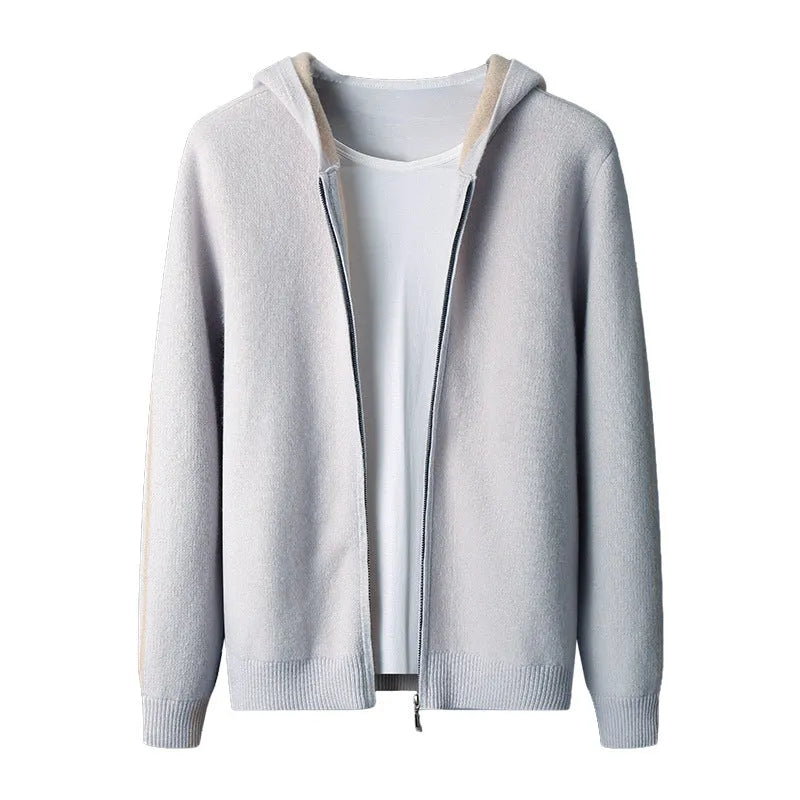 Dark blue men's loose cashmere cardigan with half-high collar and full-length zip.