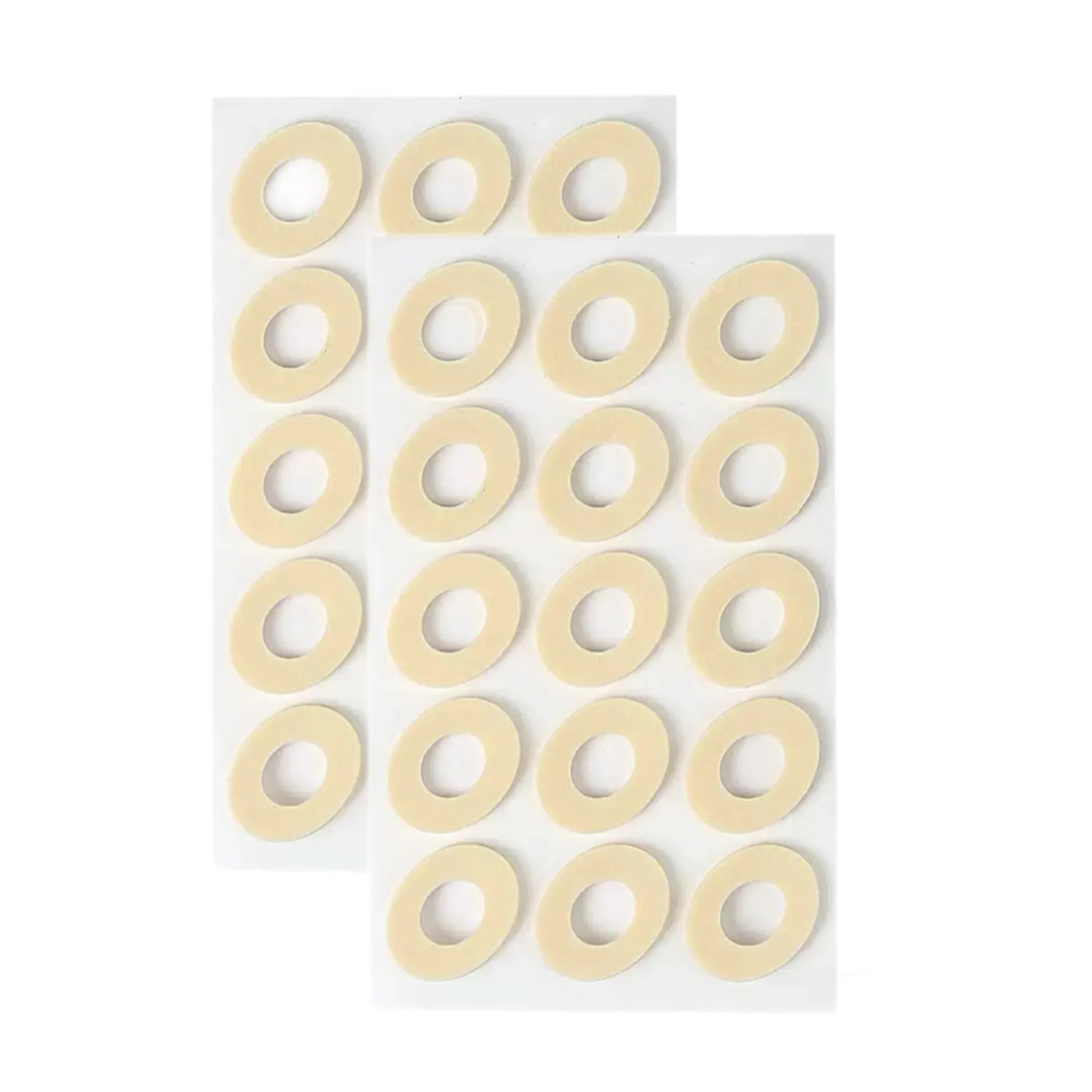 Pack of women's lightweight PU heel corn protector pads showing large oval, small oval, U-shaped, and circular section shapes.